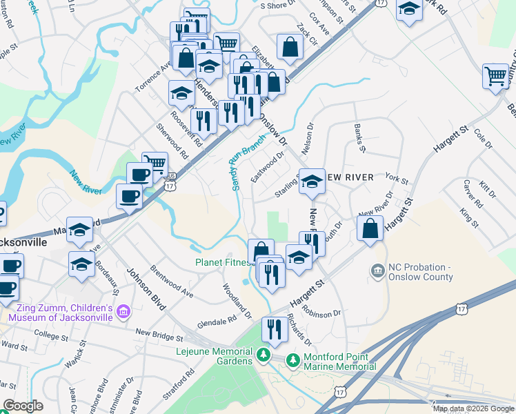 map of restaurants, bars, coffee shops, grocery stores, and more near 308 Eastwood Drive in Jacksonville