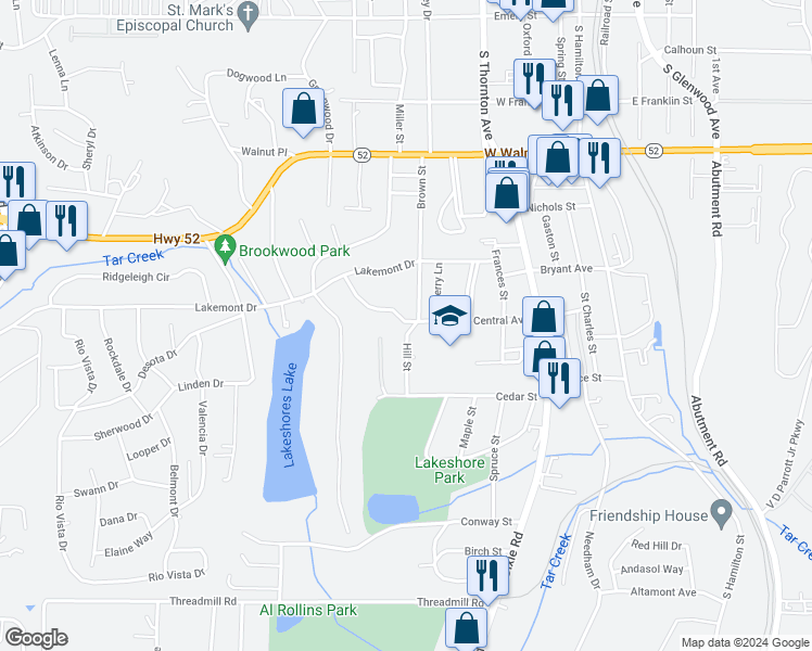 map of restaurants, bars, coffee shops, grocery stores, and more near 154 Hill Street in Dalton