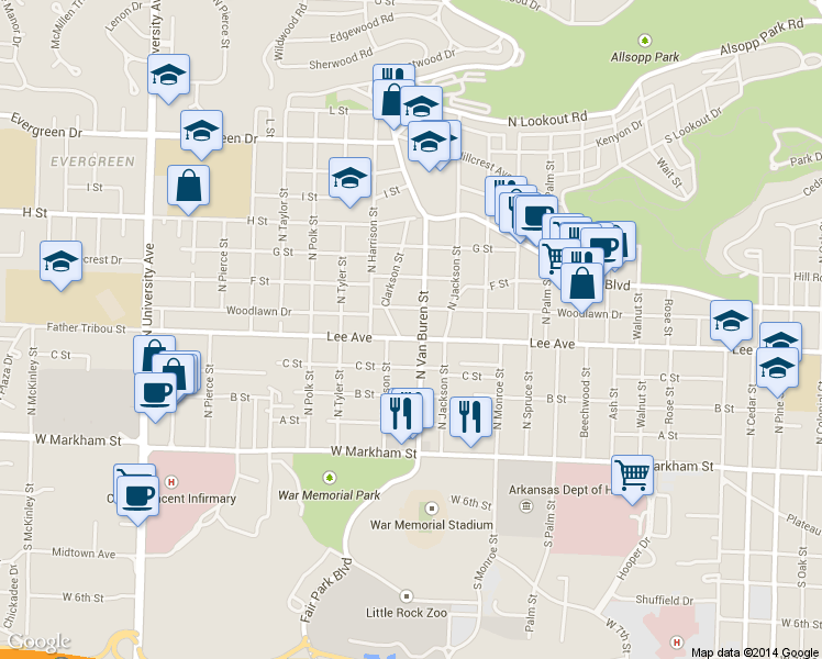 map of restaurants, bars, coffee shops, grocery stores, and more near 5115 Woodlawn Drive in Little Rock