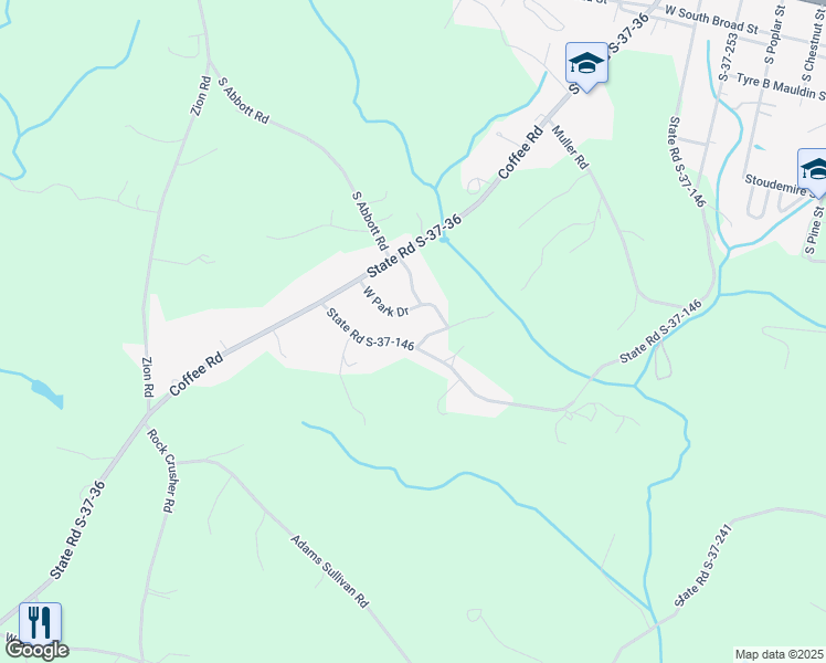 map of restaurants, bars, coffee shops, grocery stores, and more near 107 West Park Drive in Walhalla