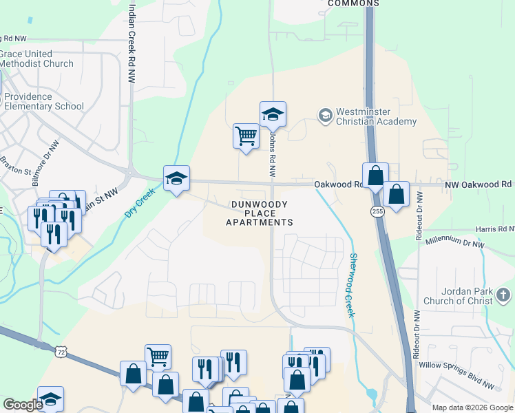 map of restaurants, bars, coffee shops, grocery stores, and more near 3304 Old Monrovia Road Northwest in Huntsville