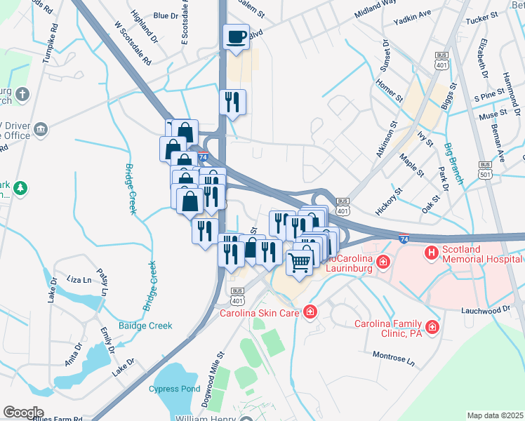 map of restaurants, bars, coffee shops, grocery stores, and more near 1602 Savannah Drive in Laurinburg