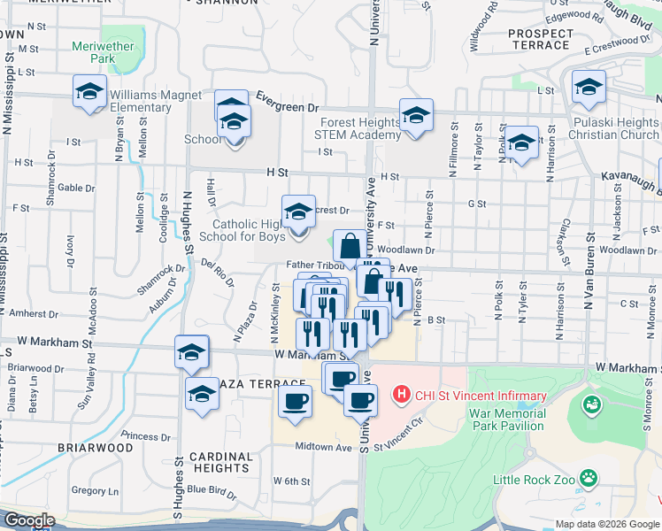 map of restaurants, bars, coffee shops, grocery stores, and more near 6204 Father Tribou Street in Little Rock