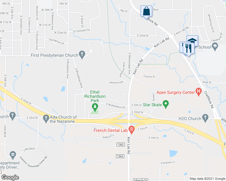 map of restaurants, bars, coffee shops, grocery stores, and more near Westchester Court in Ada