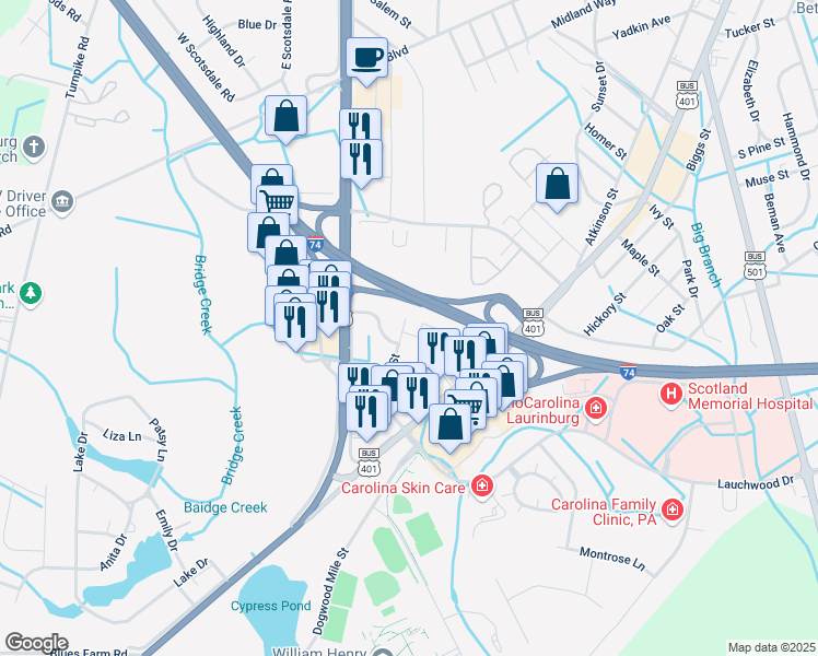 map of restaurants, bars, coffee shops, grocery stores, and more near 1602 Savannah Drive in Laurinburg