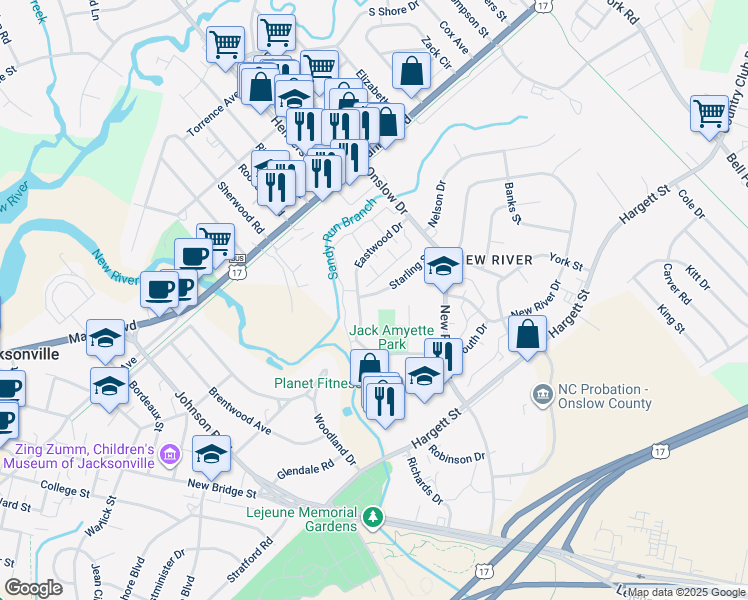 map of restaurants, bars, coffee shops, grocery stores, and more near 306 Starling Street in Jacksonville
