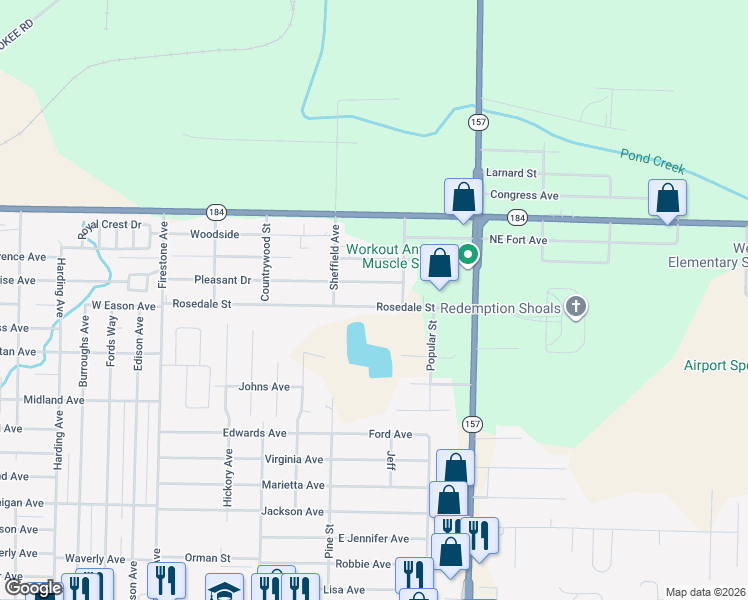 map of restaurants, bars, coffee shops, grocery stores, and more near 1701-1703 Rosedale Street in Muscle Shoals