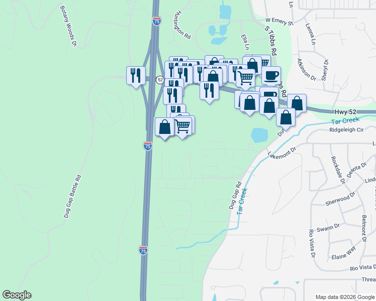 map of restaurants, bars, coffee shops, grocery stores, and more near 1001 Market Street in Dalton