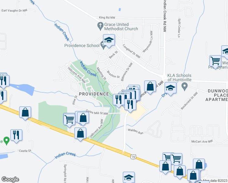 map of restaurants, bars, coffee shops, grocery stores, and more near 2 Meeting Street in Huntsville