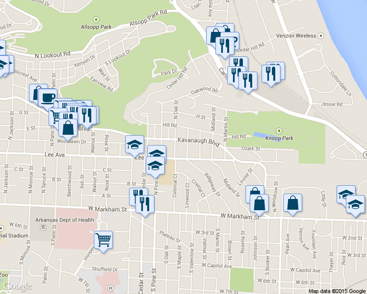 map of restaurants, bars, coffee shops, grocery stores, and more near 1923 Kavanaugh Boulevard in Little Rock