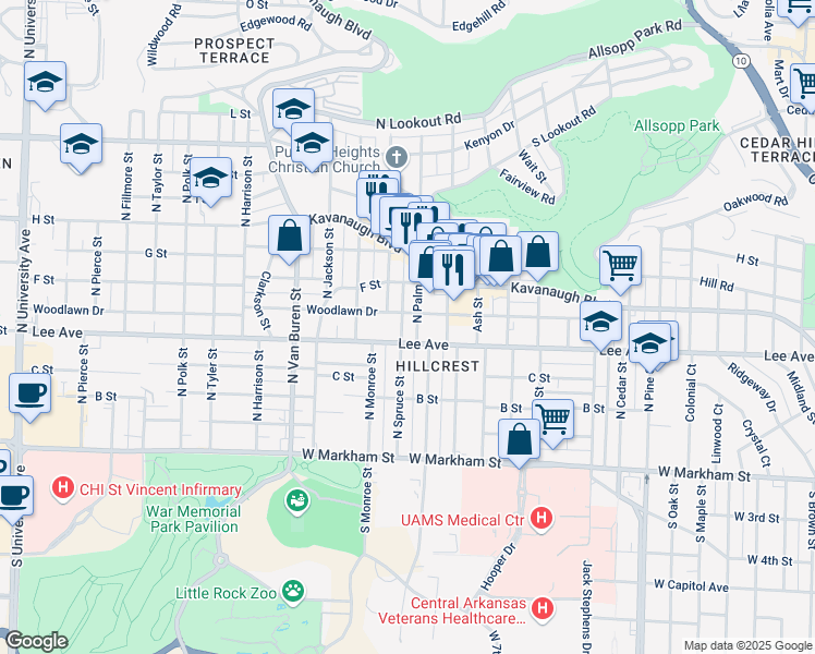 map of restaurants, bars, coffee shops, grocery stores, and more near 601 North Spruce Street in Little Rock