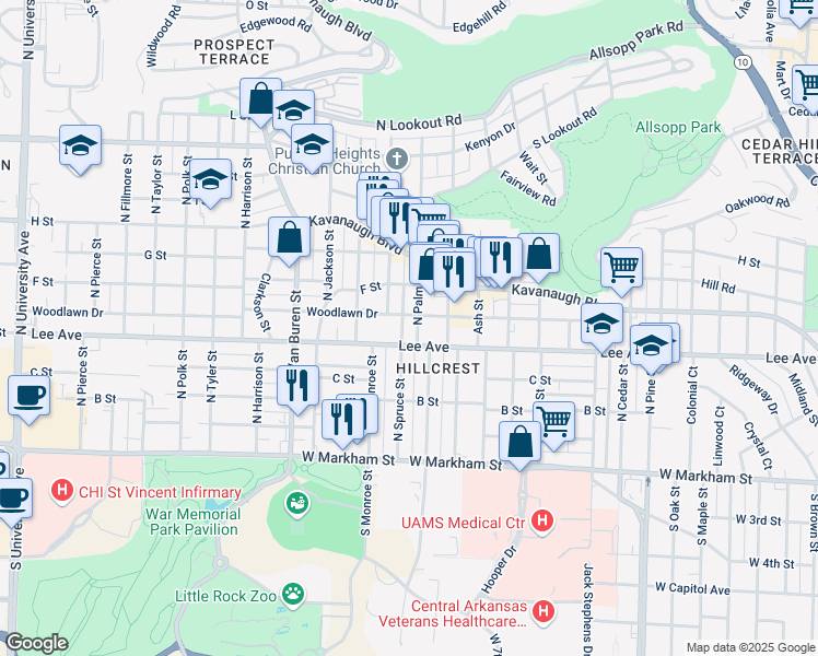 map of restaurants, bars, coffee shops, grocery stores, and more near 601 North Spruce Street in Little Rock