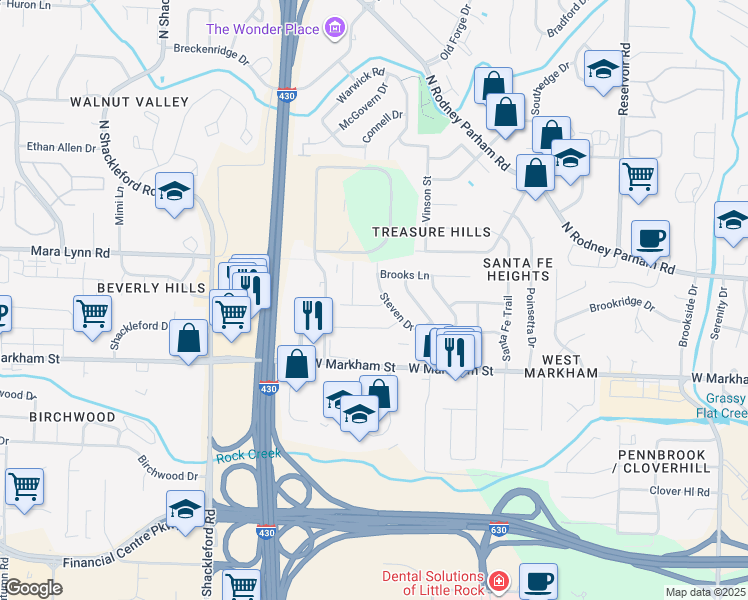 map of restaurants, bars, coffee shops, grocery stores, and more near 305 Steven Drive in Little Rock