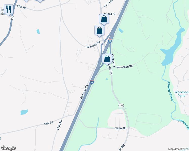 map of restaurants, bars, coffee shops, grocery stores, and more near Interstate 85 in Piedmont