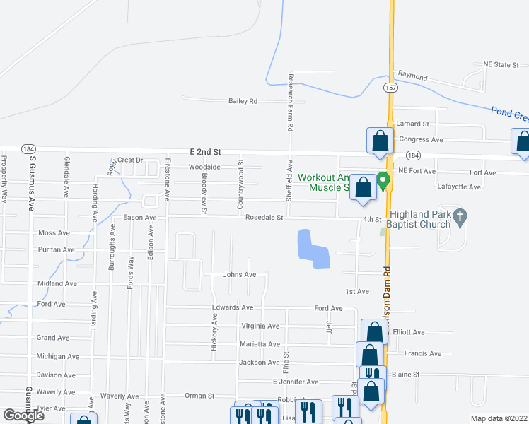 map of restaurants, bars, coffee shops, grocery stores, and more near 1907 Rosedale Street in Muscle Shoals