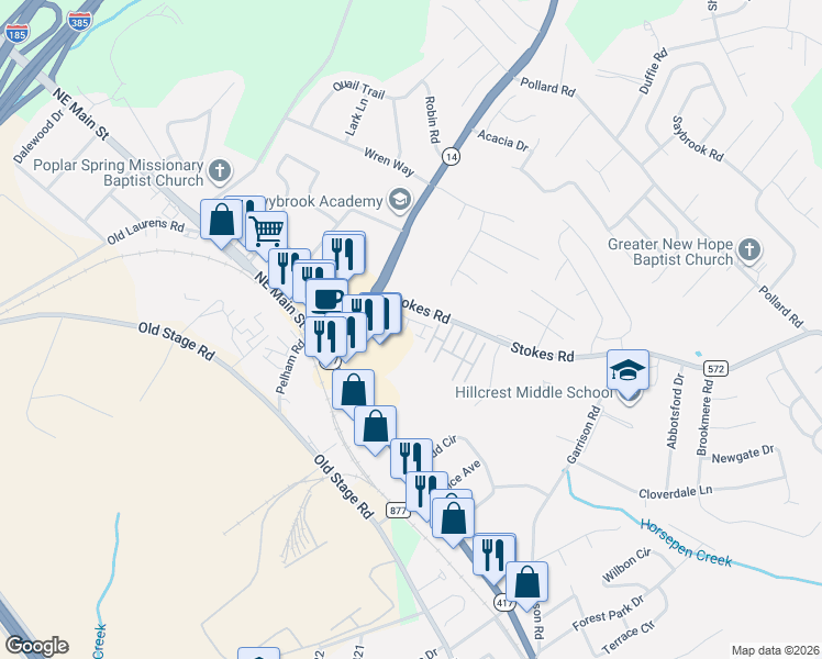 map of restaurants, bars, coffee shops, grocery stores, and more near 150 South Carolina 14 in Simpsonville
