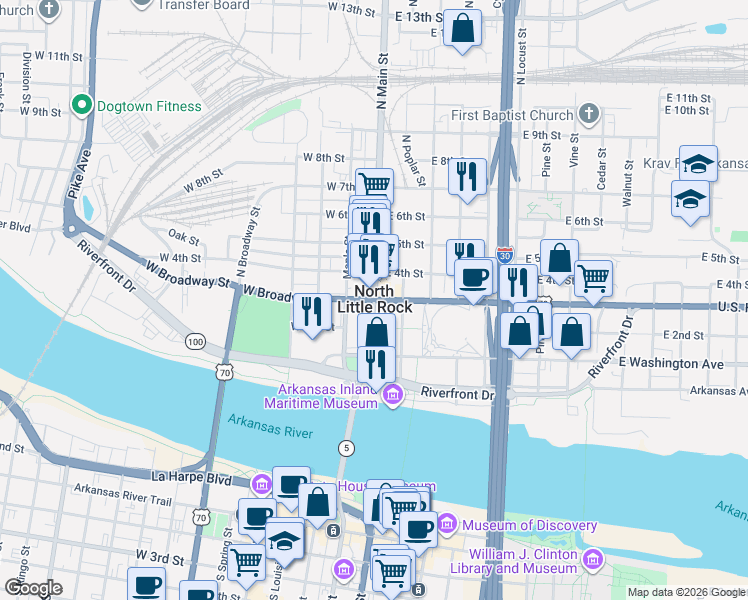 map of restaurants, bars, coffee shops, grocery stores, and more near Main St & W 3rd St in North Little Rock