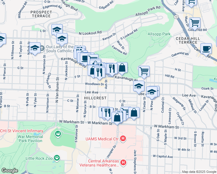 map of restaurants, bars, coffee shops, grocery stores, and more near 4411 Woodlawn Drive in Little Rock