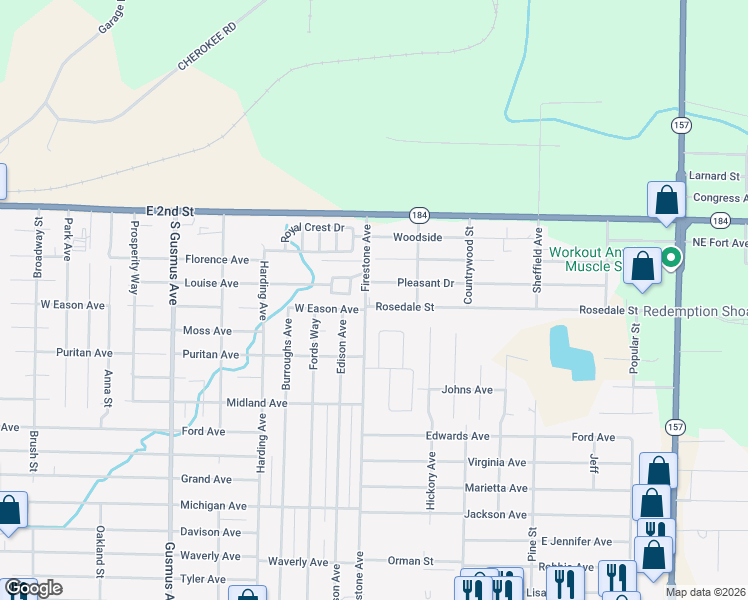 map of restaurants, bars, coffee shops, grocery stores, and more near 1701 Rosedale Street in Muscle Shoals