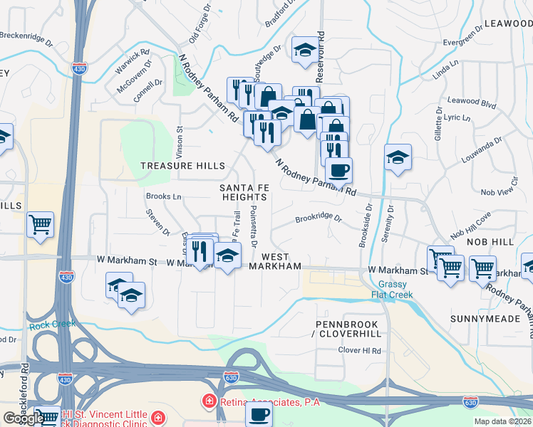 map of restaurants, bars, coffee shops, grocery stores, and more near 411 Burnside Drive in Little Rock