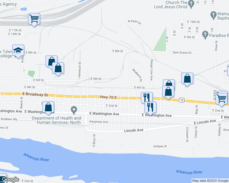 map of restaurants, bars, coffee shops, grocery stores, and more near 312 North Laurel Street in North Little Rock