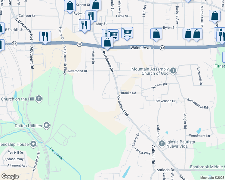 map of restaurants, bars, coffee shops, grocery stores, and more near 945 Riverbend Road in Dalton