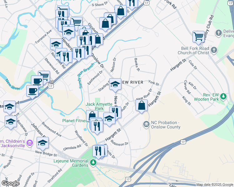 map of restaurants, bars, coffee shops, grocery stores, and more near 329-333 New River Drive in Jacksonville