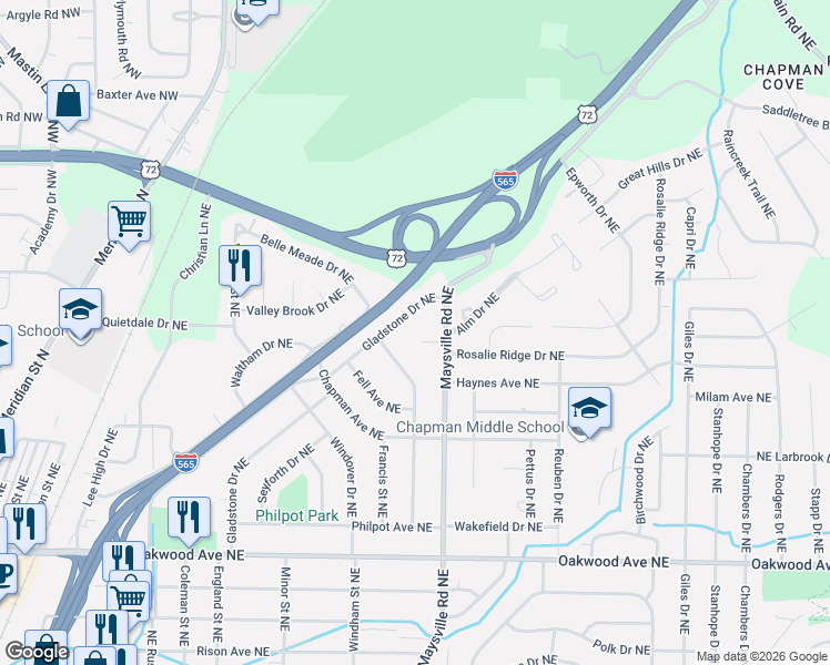 map of restaurants, bars, coffee shops, grocery stores, and more near 2510 Gladstone Drive Northeast in Huntsville