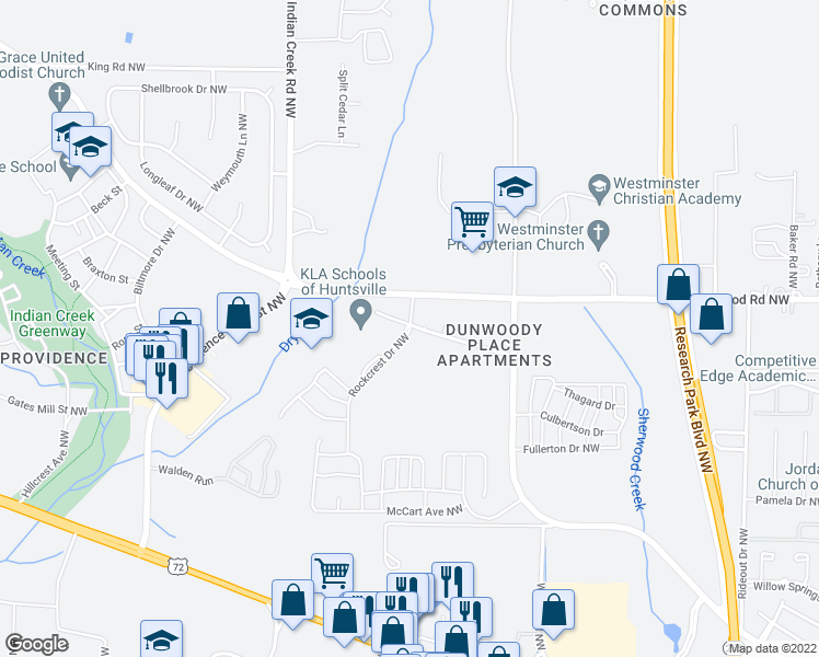 map of restaurants, bars, coffee shops, grocery stores, and more near 1685 Old Monrovia Road Northwest in Huntsville