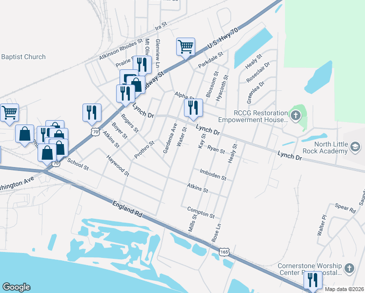 map of restaurants, bars, coffee shops, grocery stores, and more near 532 Water Street in North Little Rock