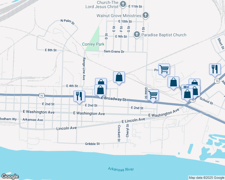 map of restaurants, bars, coffee shops, grocery stores, and more near 401 Dixie Lane in North Little Rock