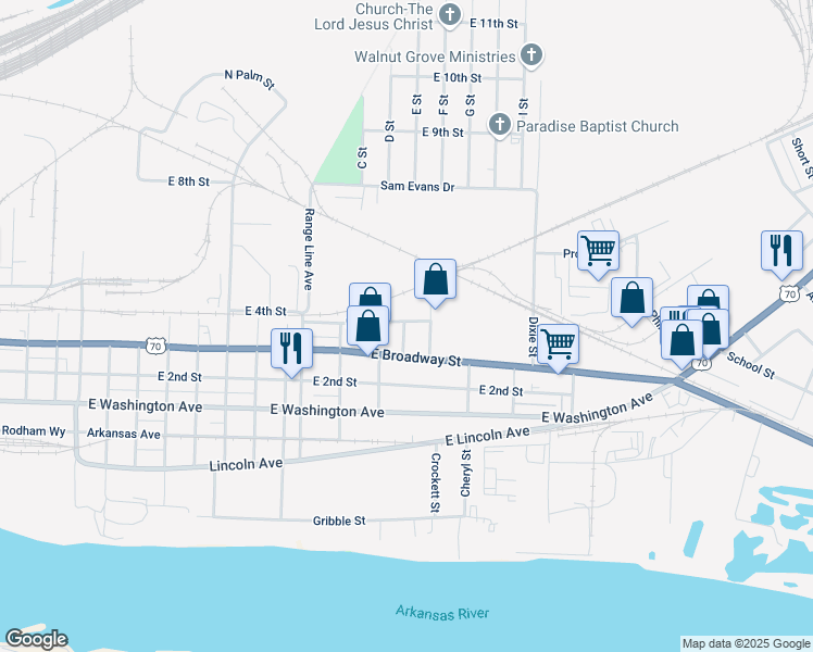 map of restaurants, bars, coffee shops, grocery stores, and more near 3131 East Broadway Street in North Little Rock