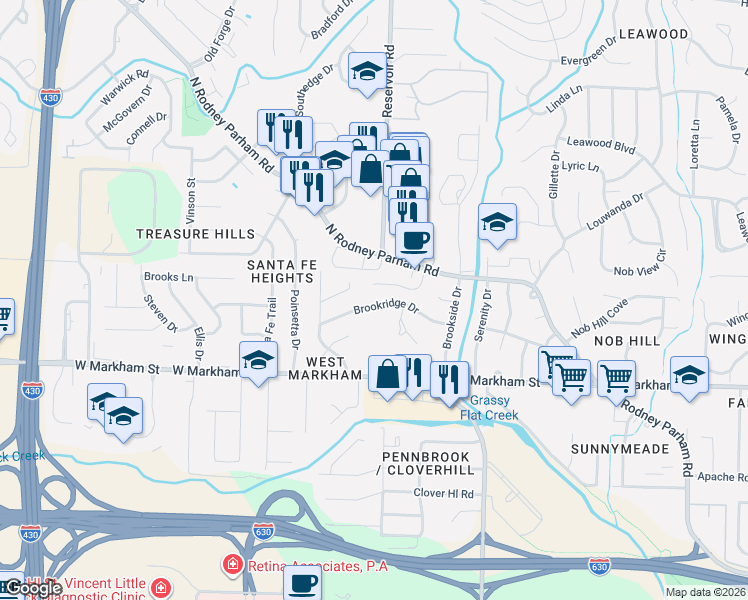 map of restaurants, bars, coffee shops, grocery stores, and more near 15 Kordsmeier Court in Little Rock