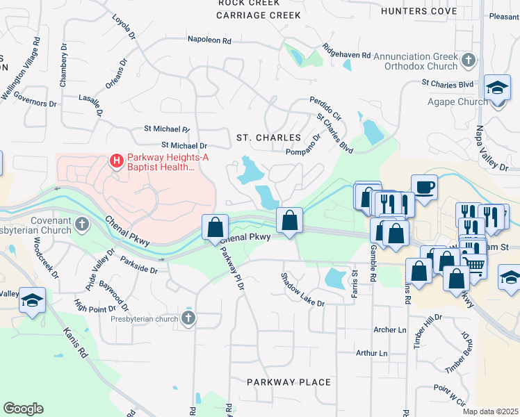 map of restaurants, bars, coffee shops, grocery stores, and more near 13500 Chenal Parkway in Little Rock