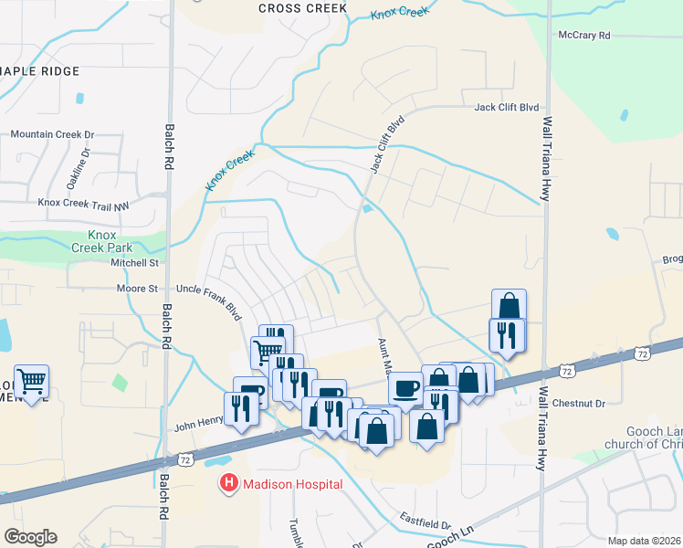 map of restaurants, bars, coffee shops, grocery stores, and more near 8140 Highway 72 West in Madison