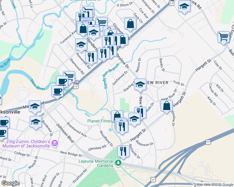 map of restaurants, bars, coffee shops, grocery stores, and more near 308 Eastwood Drive in Jacksonville