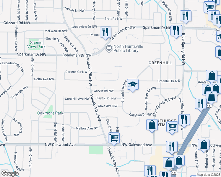 map of restaurants, bars, coffee shops, grocery stores, and more near 2902 Garvin Circle Northwest in Huntsville