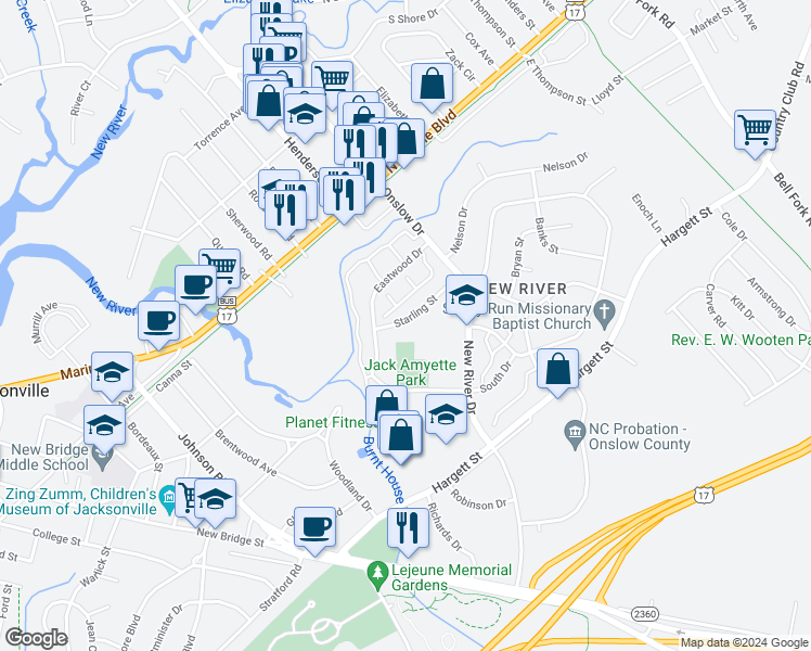 map of restaurants, bars, coffee shops, grocery stores, and more near 314 Starling Street in Jacksonville