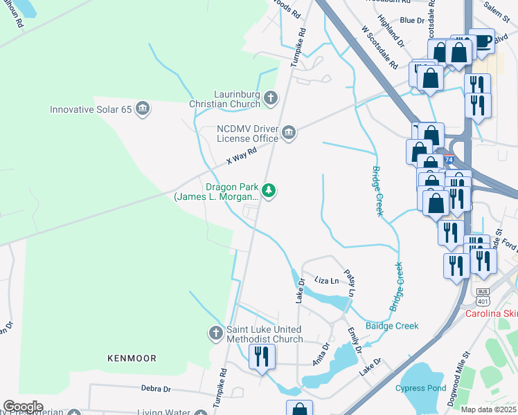 map of restaurants, bars, coffee shops, grocery stores, and more near S Turnpike Rd in Laurinburg