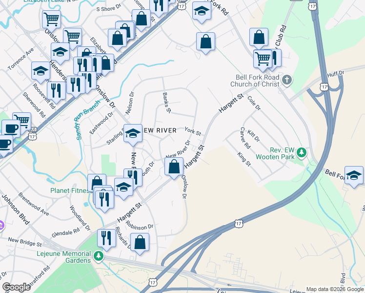 map of restaurants, bars, coffee shops, grocery stores, and more near 718 New River Drive in Jacksonville