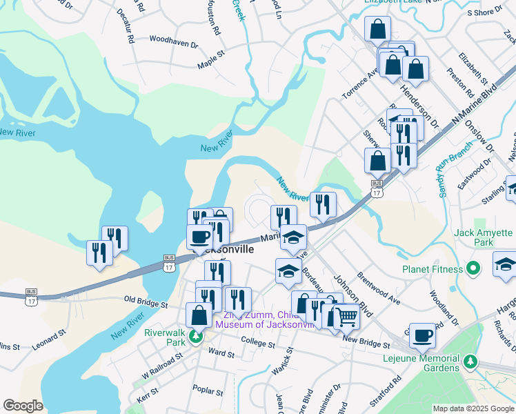 map of restaurants, bars, coffee shops, grocery stores, and more near 129 Circle Drive in Jacksonville