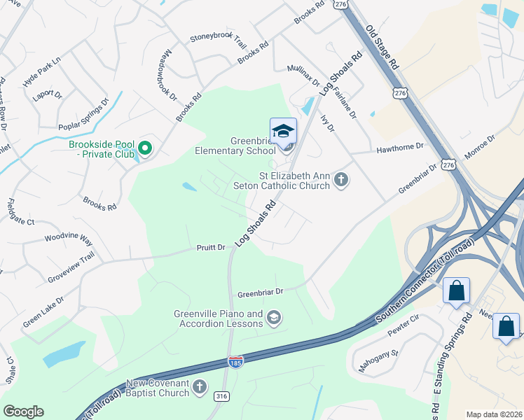 map of restaurants, bars, coffee shops, grocery stores, and more near 819 Log Shoals Road in Greenville