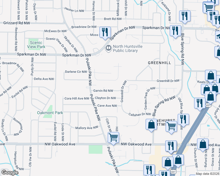 map of restaurants, bars, coffee shops, grocery stores, and more near 2902 Garvin Circle Northwest in Huntsville