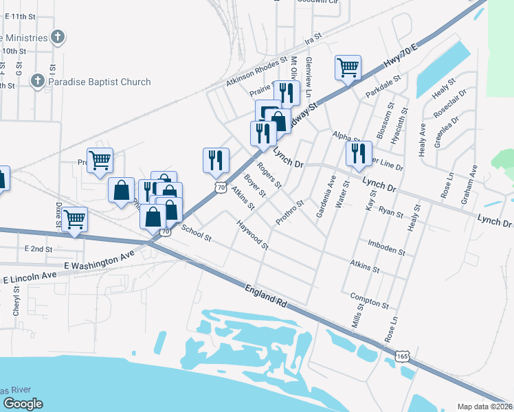map of restaurants, bars, coffee shops, grocery stores, and more near 4513 Atkins Street in North Little Rock