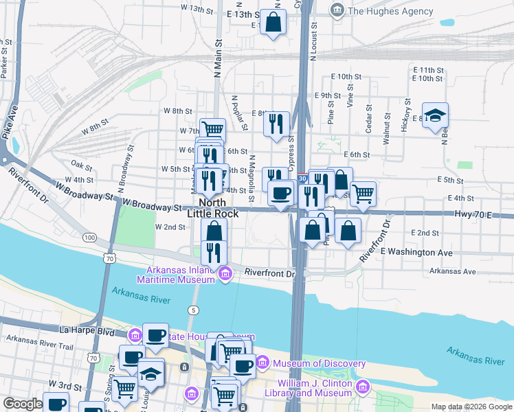 map of restaurants, bars, coffee shops, grocery stores, and more near 312 North Magnolia Street in North Little Rock