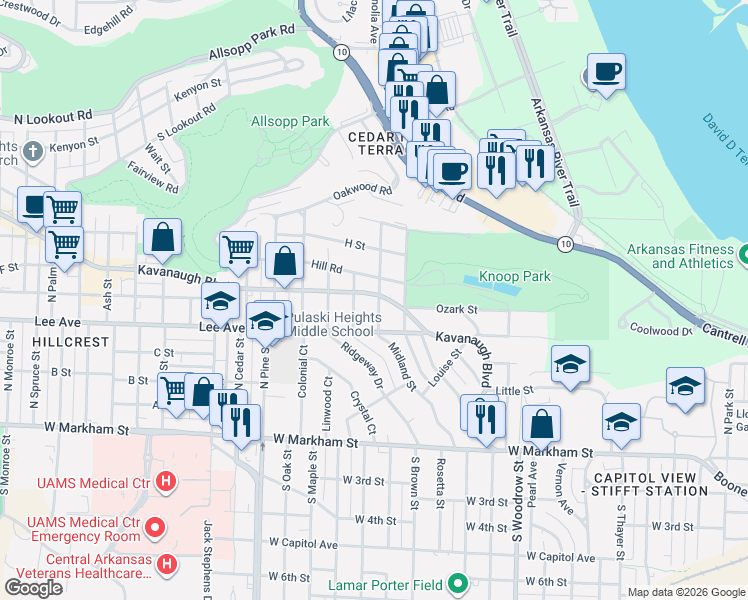 map of restaurants, bars, coffee shops, grocery stores, and more near 1700 Kavanaugh Boulevard in Little Rock