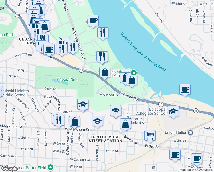 map of restaurants, bars, coffee shops, grocery stores, and more near 1 Branch Drive in Little Rock