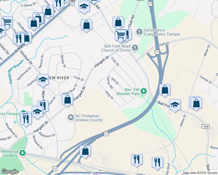 map of restaurants, bars, coffee shops, grocery stores, and more near 107 Carver Road in Jacksonville