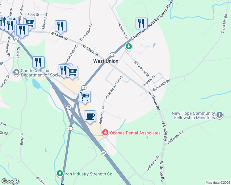 map of restaurants, bars, coffee shops, grocery stores, and more near 787 Anderson Street in West Union