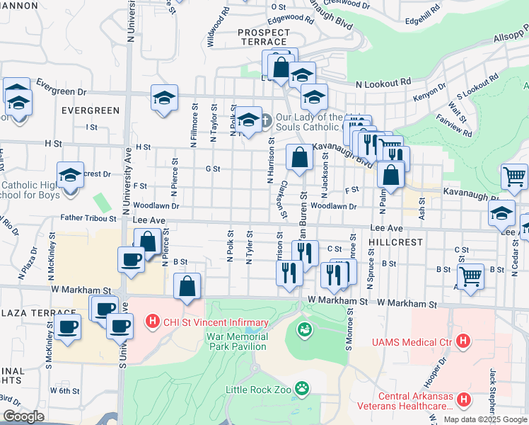 map of restaurants, bars, coffee shops, grocery stores, and more near 524 North Harrison Street in Little Rock